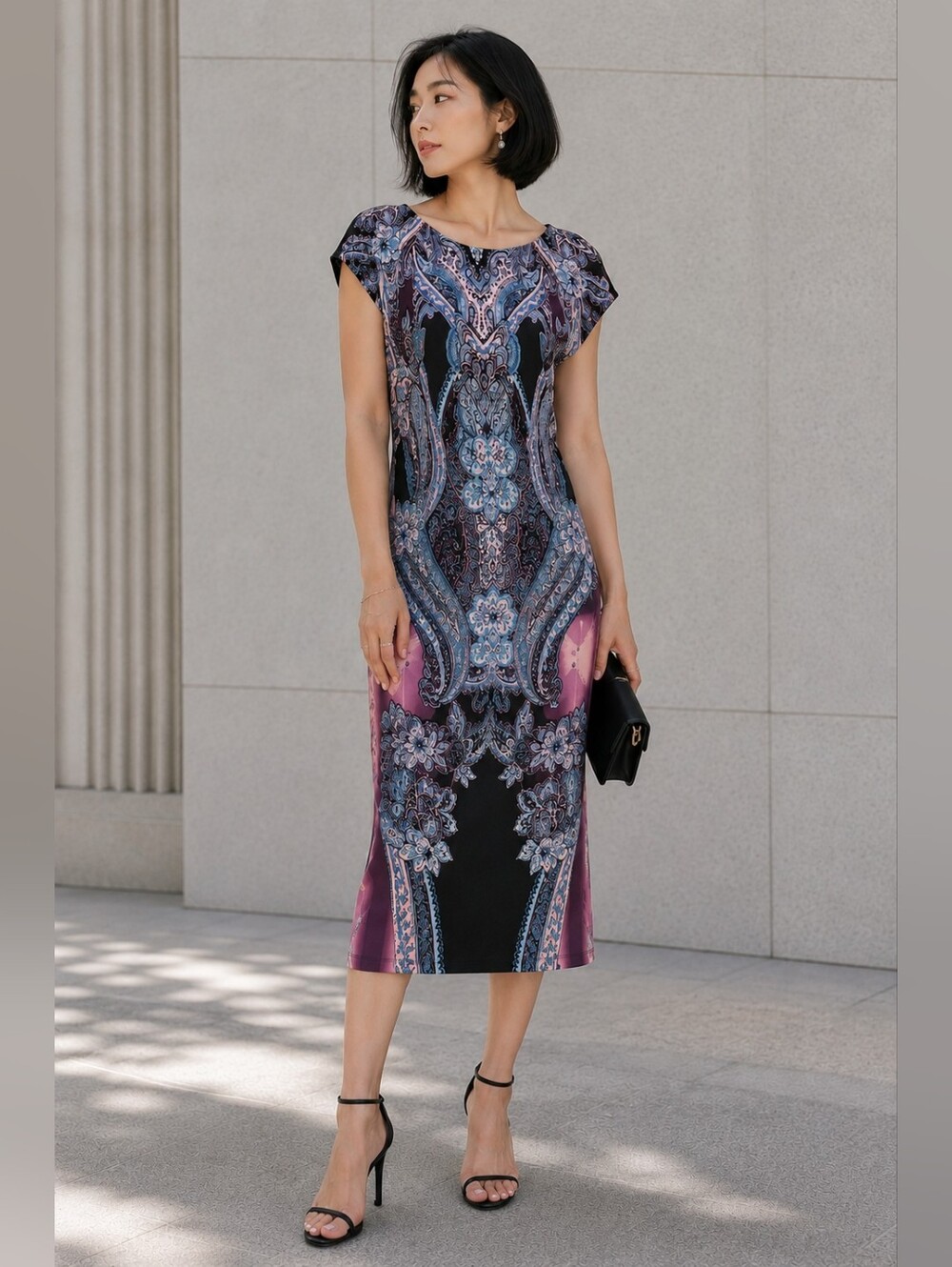 ECI New York Paisley Medallion Sheath Dress Black Blue Exposed Zip Size 8